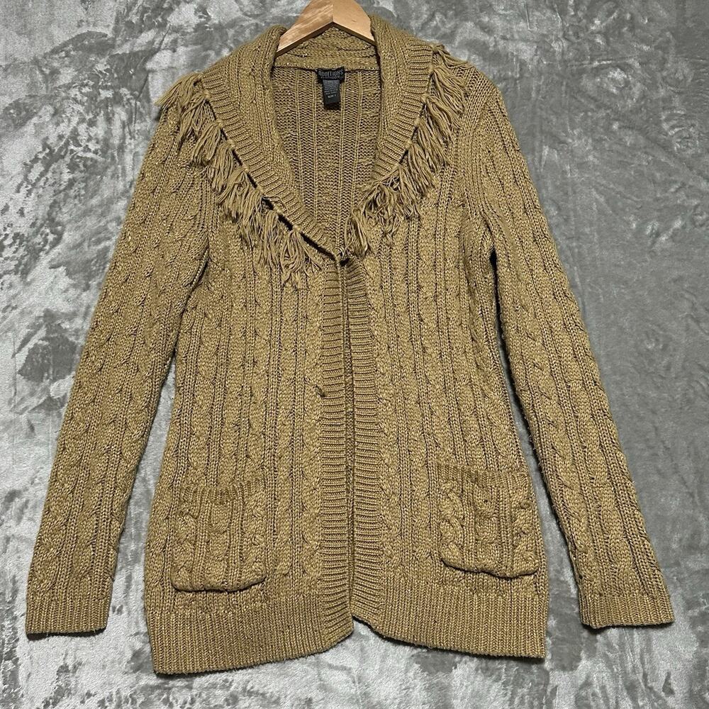 Additions by Chicos Fringe Cable Knit‎ Cardigan Womens Sz 1 gold penny lane boho